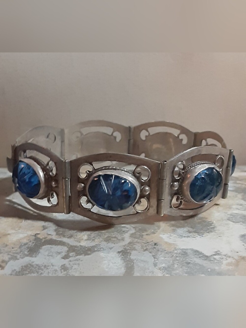 MCM Sterling Silver Blue Carved Cabochon Panelled Bracelet Artisan Taxco Mex 925